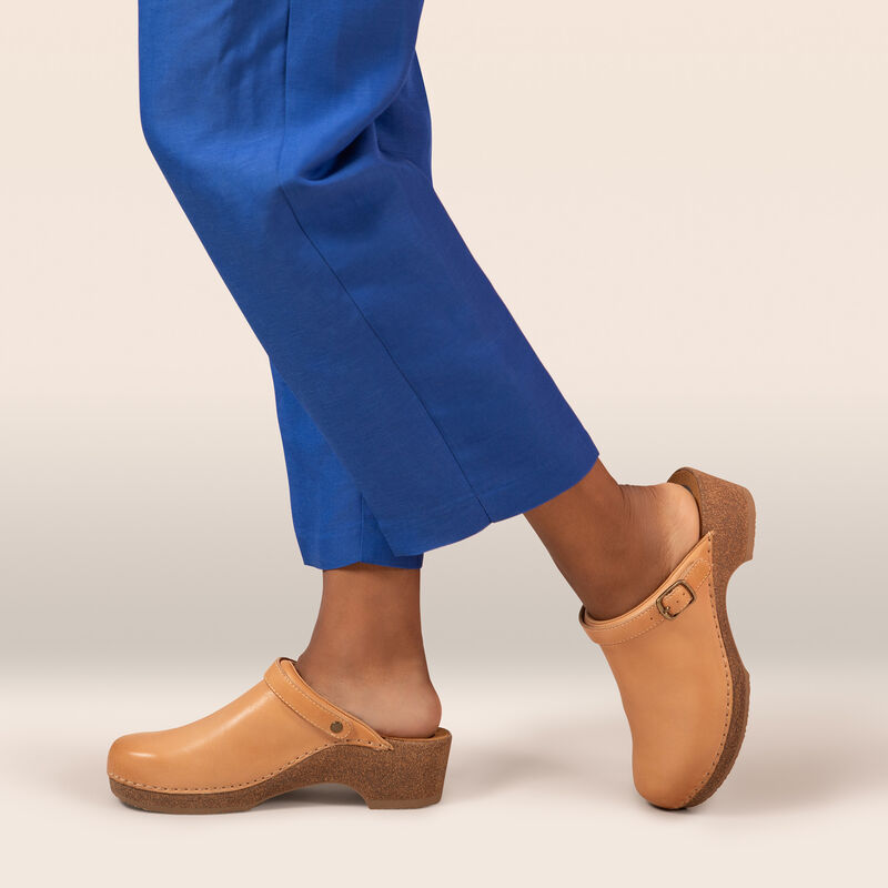 beige genuine leather heel clog on foot